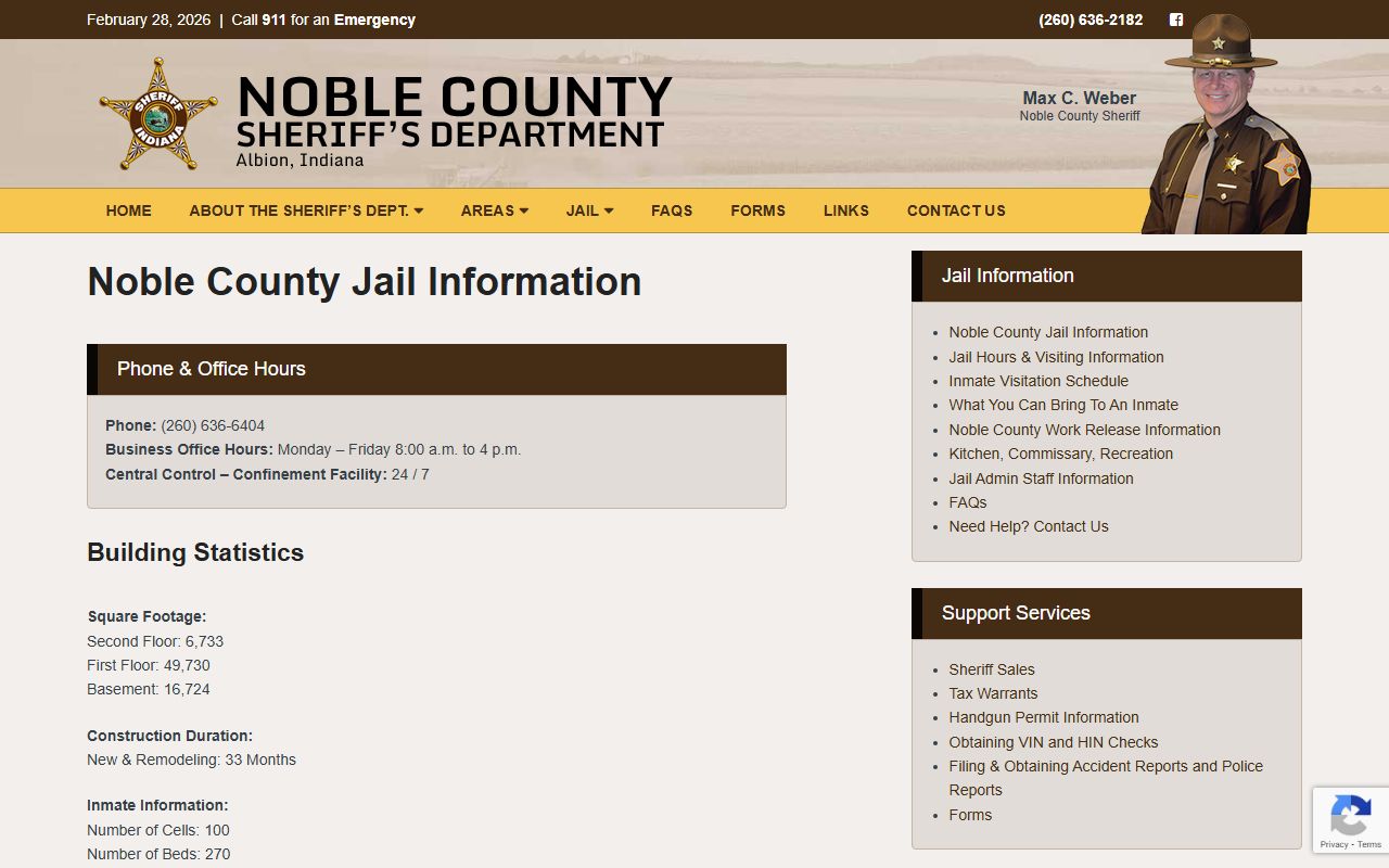 Noble County Jail information page showing visitation rules and contact details for 72 hour booking inquiries in Albion Indiana