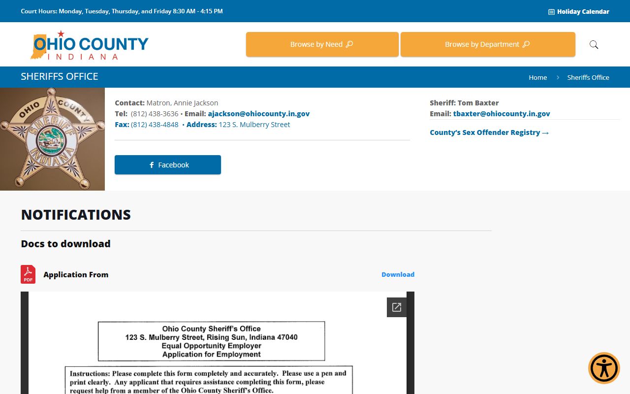 Ohio County Sheriff's Office page showing contact information for 72 hour booking inquiries in Rising Sun Indiana