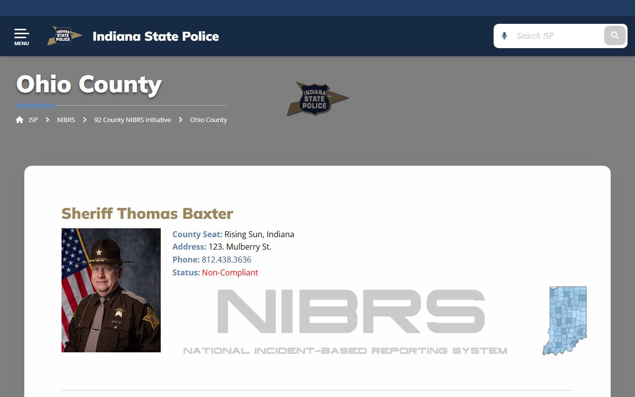 Indiana State Police NIBRS reporting page for Ohio County showing data compliance status related to 72 hour booking records