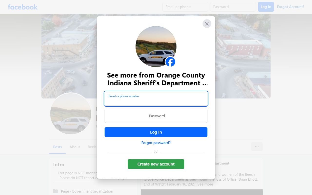 Orange County Sheriff's Department Facebook page used for public safety and 72 hour booking announcements in Paoli Indiana