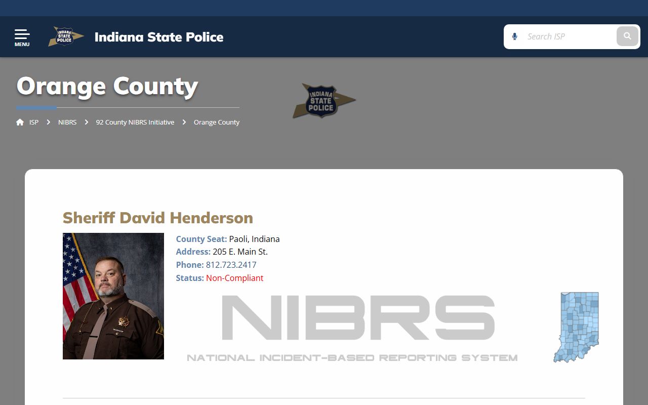 Indiana State Police NIBRS reporting status page for Orange County related to 72 hour booking data collection in Paoli Indiana
