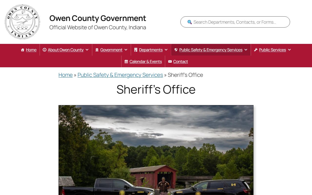 Owen County Sheriff's Office page showing department contacts and public safety services including 72 hour booking information in Spencer Indiana