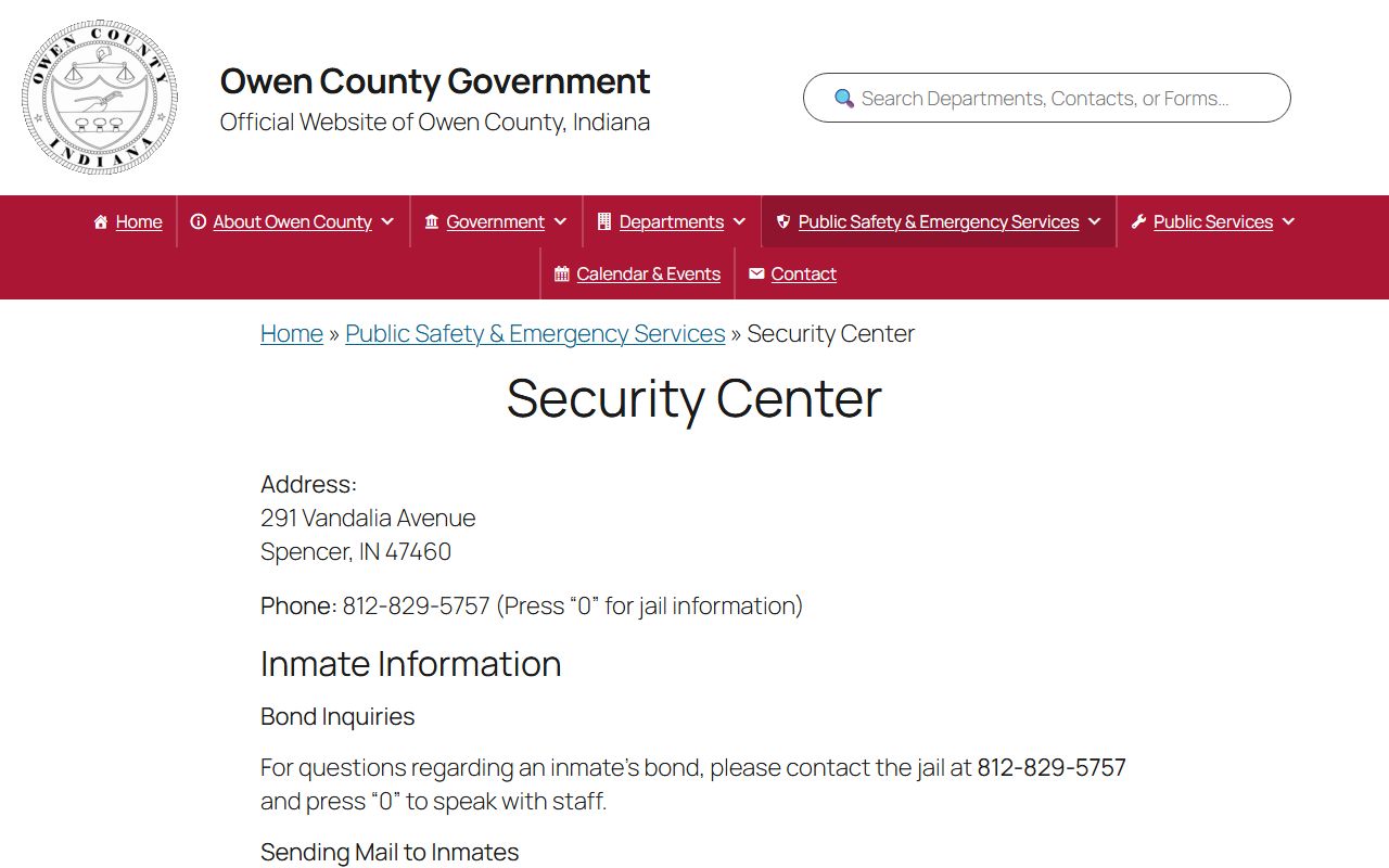 Owen County Security Center page on county website showing inmate services and 72 hour booking access options in Spencer Indiana