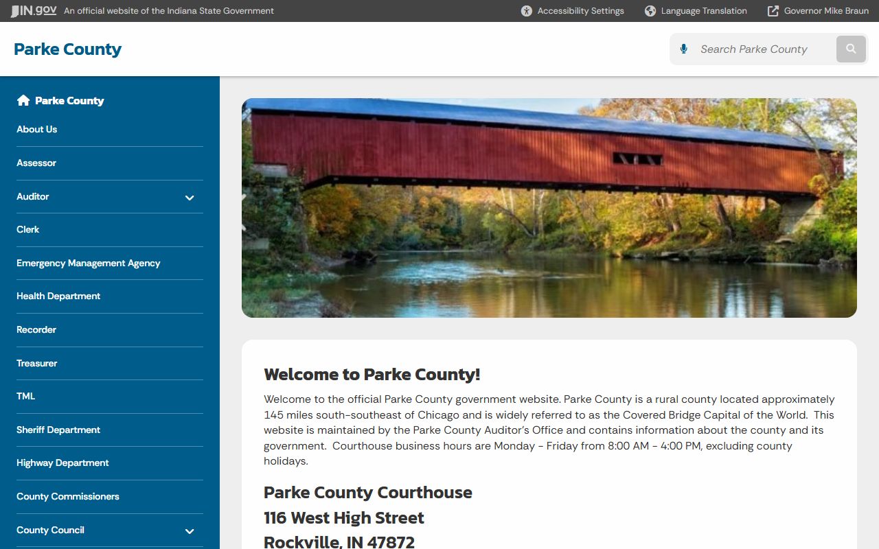Indiana state page for Parke County showing county services and links to sheriff and 72 hour booking resources in Rockville Indiana