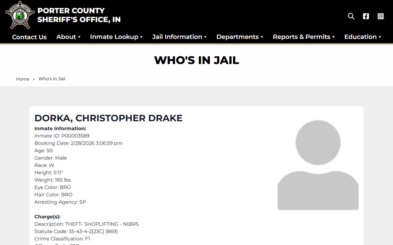 Porter County Sheriff inmate search portal showing Porter County 72 hour booking records