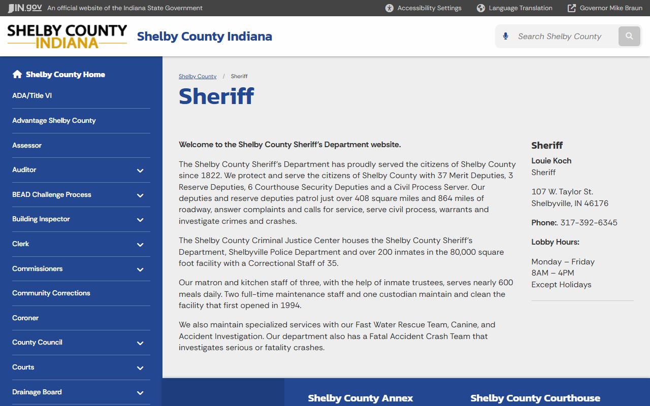 Shelby County Sheriff official website for Shelby County 72 hour booking and jail information
