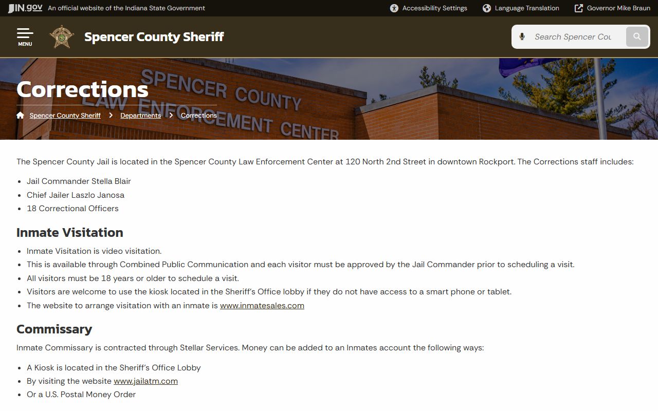 Spencer County Sheriff corrections division page showing Spencer County 72 hour booking records