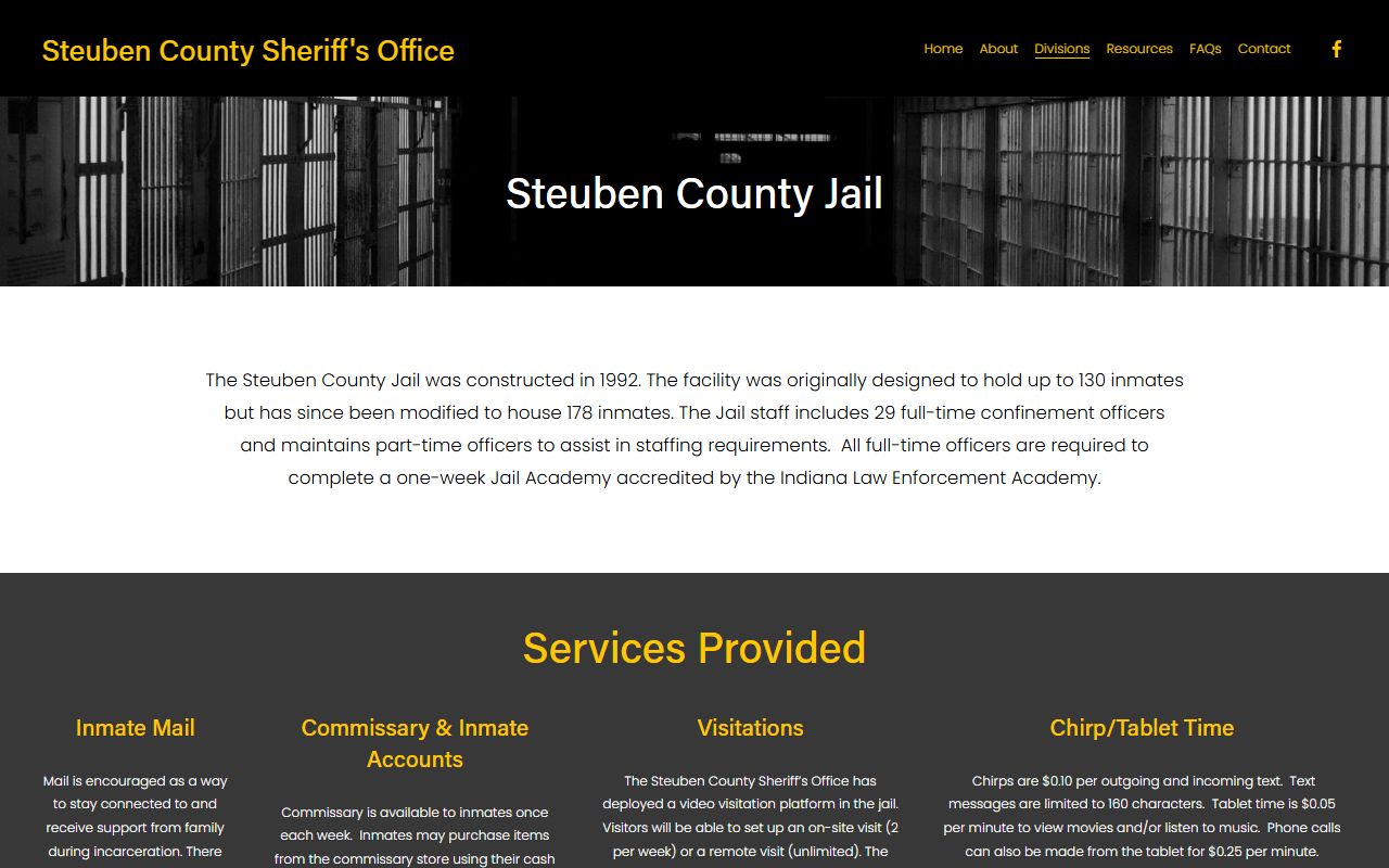 Steuben County Jail page at sheriff website showing booking and detention facility information in Angola