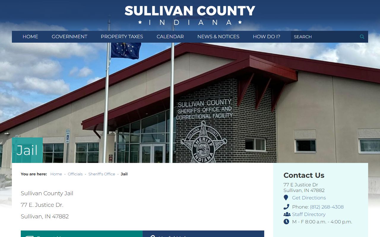 Sullivan County jail division page with JailTracker inmate records for 72 hour booking searches in Indiana