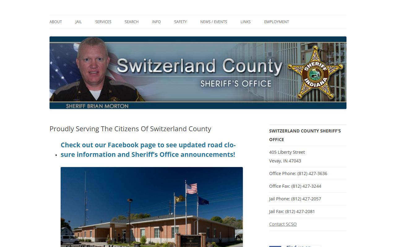 Switzerland County Sheriff's Office website for 72 hour booking records and inmate search in Vevay Indiana