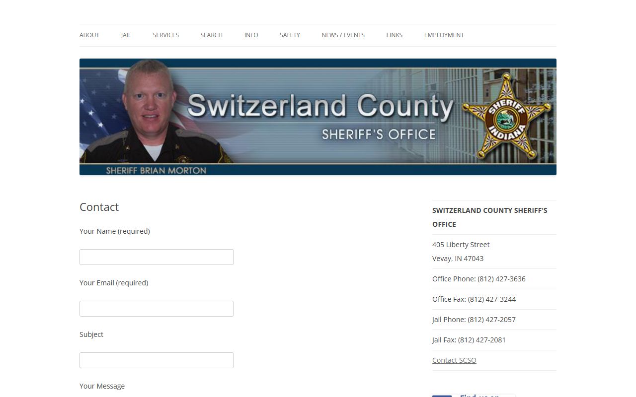 Switzerland County Sheriff contact page with jail and office addresses for 72 hour booking records in Vevay