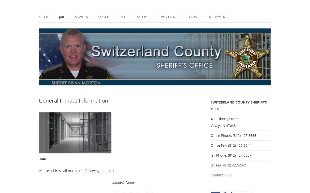 Switzerland County Jail general inmate information page for visitation mail and commissary rules in Vevay Indiana