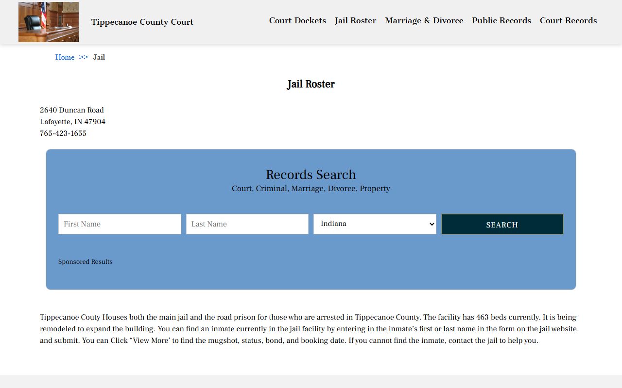 Tippecanoe County court jail roster at tippecanoecountycourt.org for 72 hour booking record lookups in Lafayette