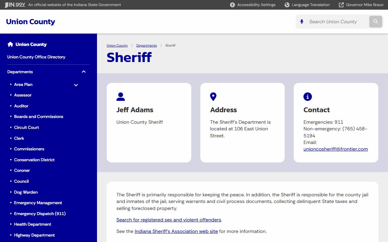 Union County Sheriff department page on Indiana state website for booking records and jail information in Liberty