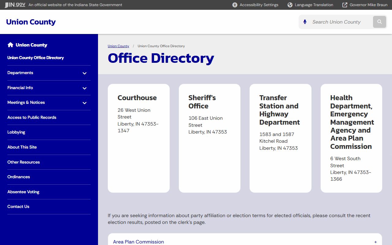 Union County Indiana office directory at in.gov with department contacts for booking records and jail in Liberty