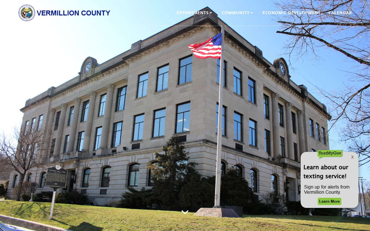 Vermillion County Indiana government website at vermilliongov.us for county services and booking records access in Newport