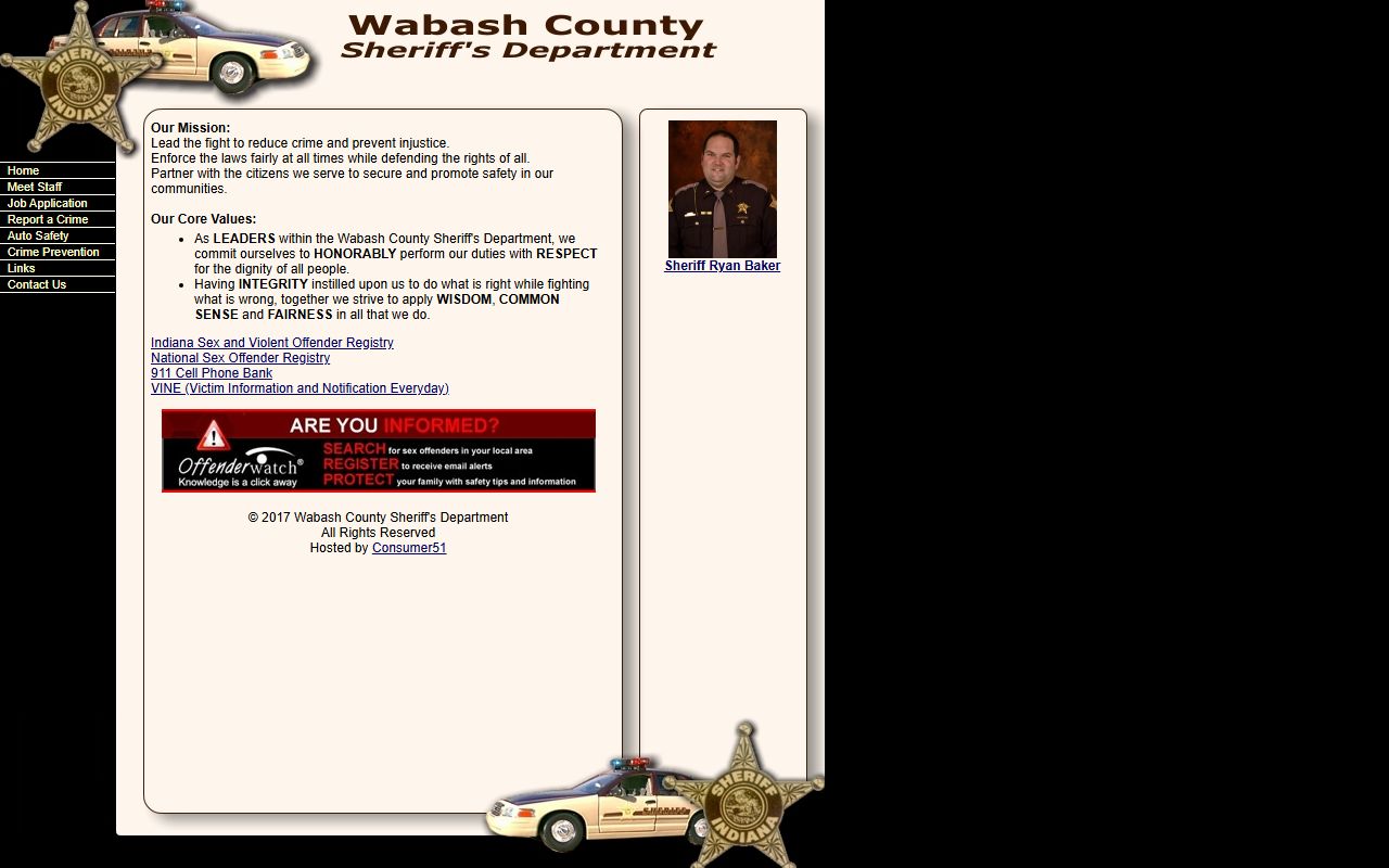 Wabash County Sheriff's Department official website at wcsd.us showing department contact information and resources in Wabash Indiana