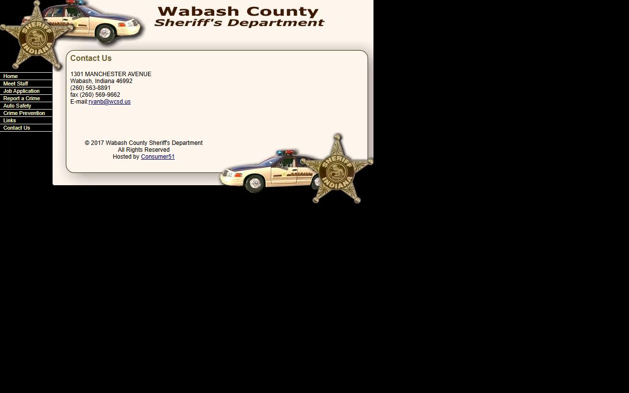 Wabash County Sheriff's Department contact page at wcsd.us showing phone numbers and staff directory for the Wabash Indiana office