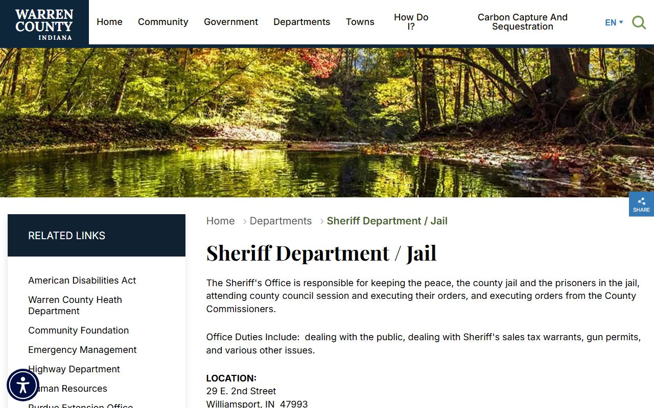 Warren County Indiana government website sheriff and jail page showing contact information and policies for the Williamsport detention facility