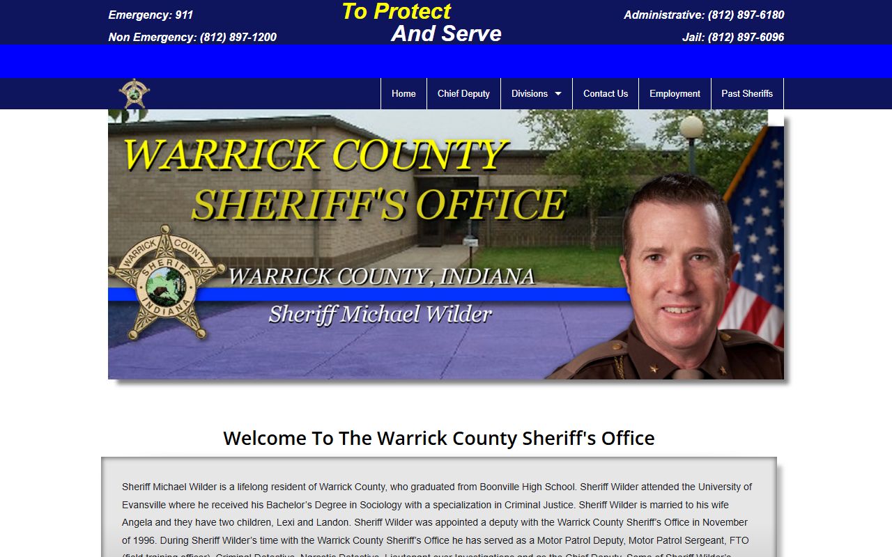 Warrick County Sheriff's Office official website at warricksheriff.com showing department information and contact details for the Boonville Indiana jail