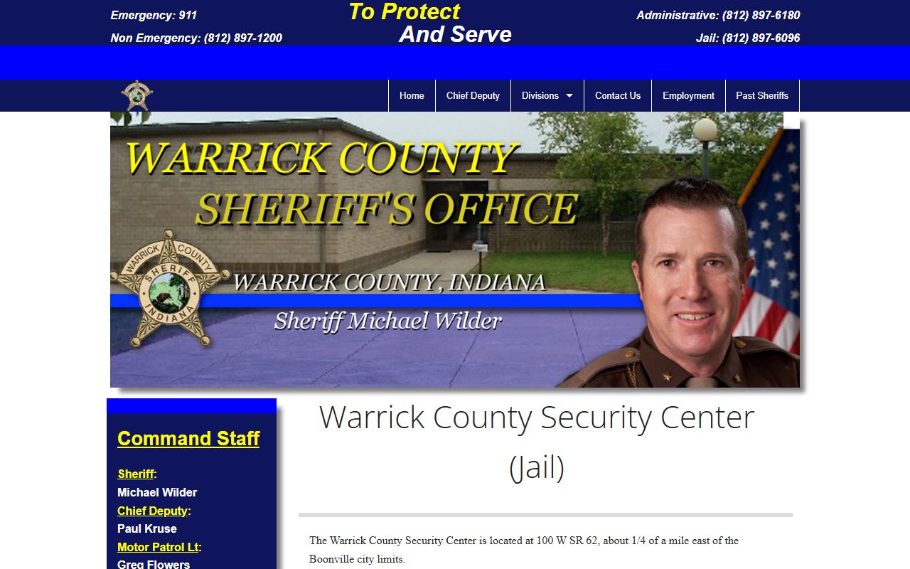 Warrick County Sheriff jail division page at warricksheriff.com showing Security Center operations and inmate services in Boonville Indiana