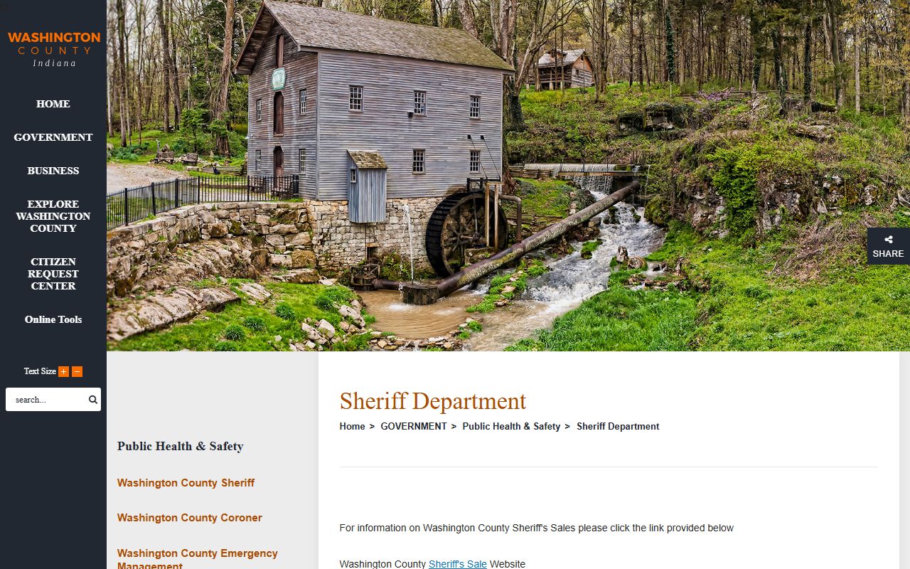 Washington County Indiana government website page for the sheriff's department showing links and contact information for the Salem jail