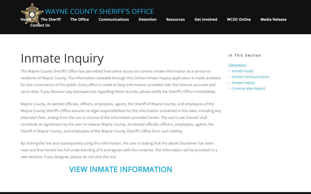 Wayne County Sheriff WCSOGA inmate inquiry tool at wcsoga.com showing 72 hour booking search for the Wayne County Correctional Center in Richmond Indiana