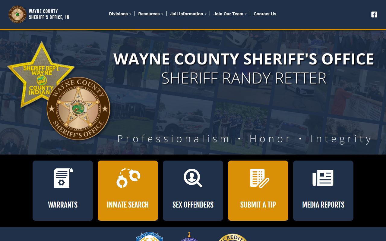 Wayne County Sheriff's Office official website at sheriff.co.wayne.in.us showing department information and links for the Richmond Indiana jail