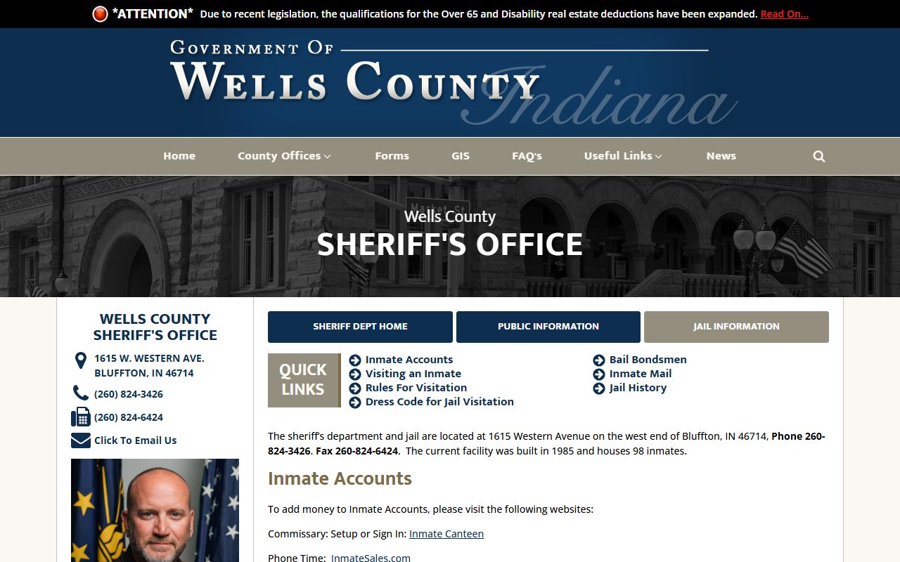 Wells County Sheriff's Office jail information page at wellscounty.org showing visitation rules and contact details for the Bluffton Indiana detention facility