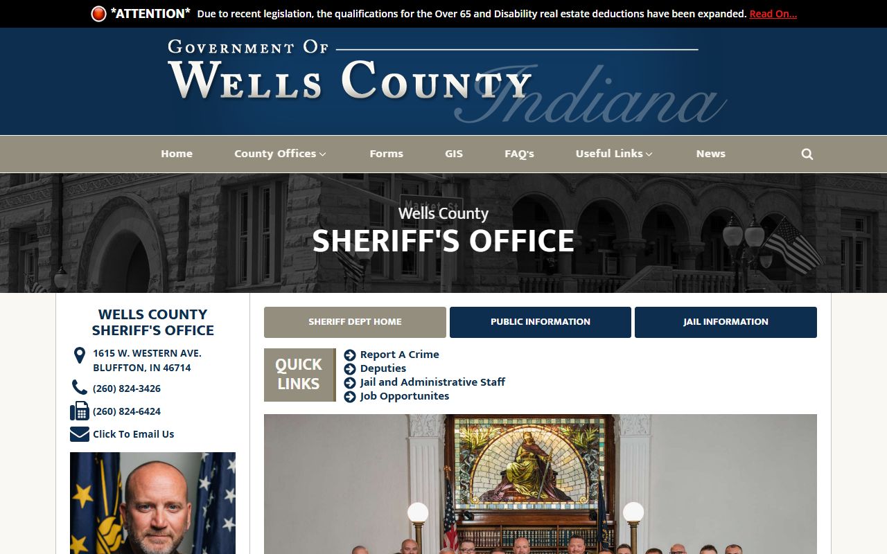 Wells County Sheriff's Office main website page at wellscounty.org showing department information and contacts for the Bluffton Indiana office