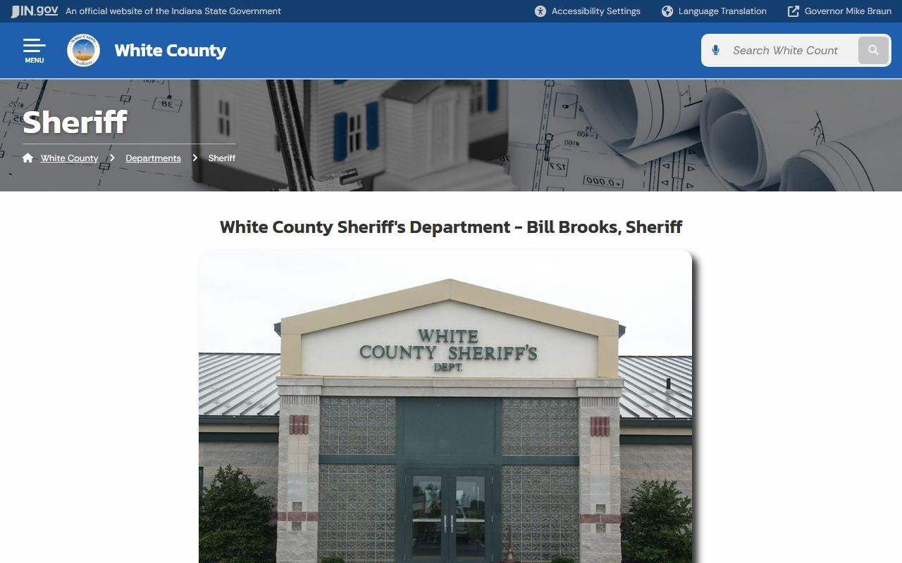 Indiana state government page for White County Sheriff's Office at in.gov showing contact information and department details for the Monticello jail