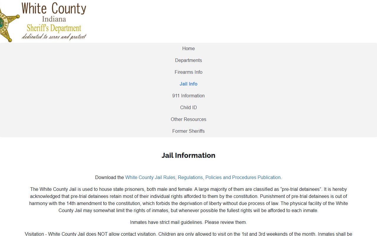 White County Sheriff jail information page at wcsheriff-in.us showing visitation policies and facility rules for the White County Jail in Monticello Indiana