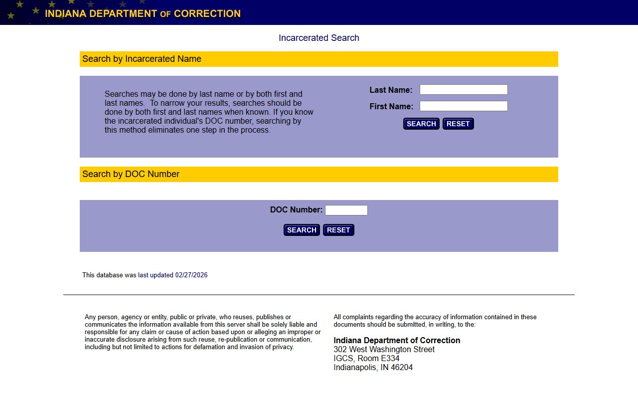IDOC Offender Locator database for Indiana state prison inmates separate from 72 hour booking records
