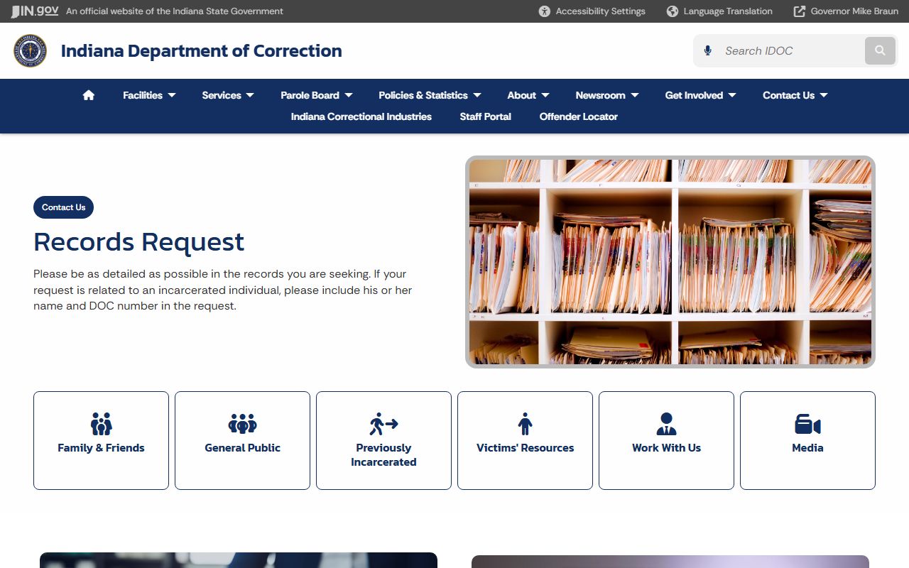IDOC records request page for Indiana Department of Correction offender records
