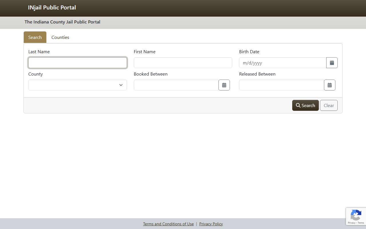 Indiana County Jail Public Portal statewide 72 hour booking search interface