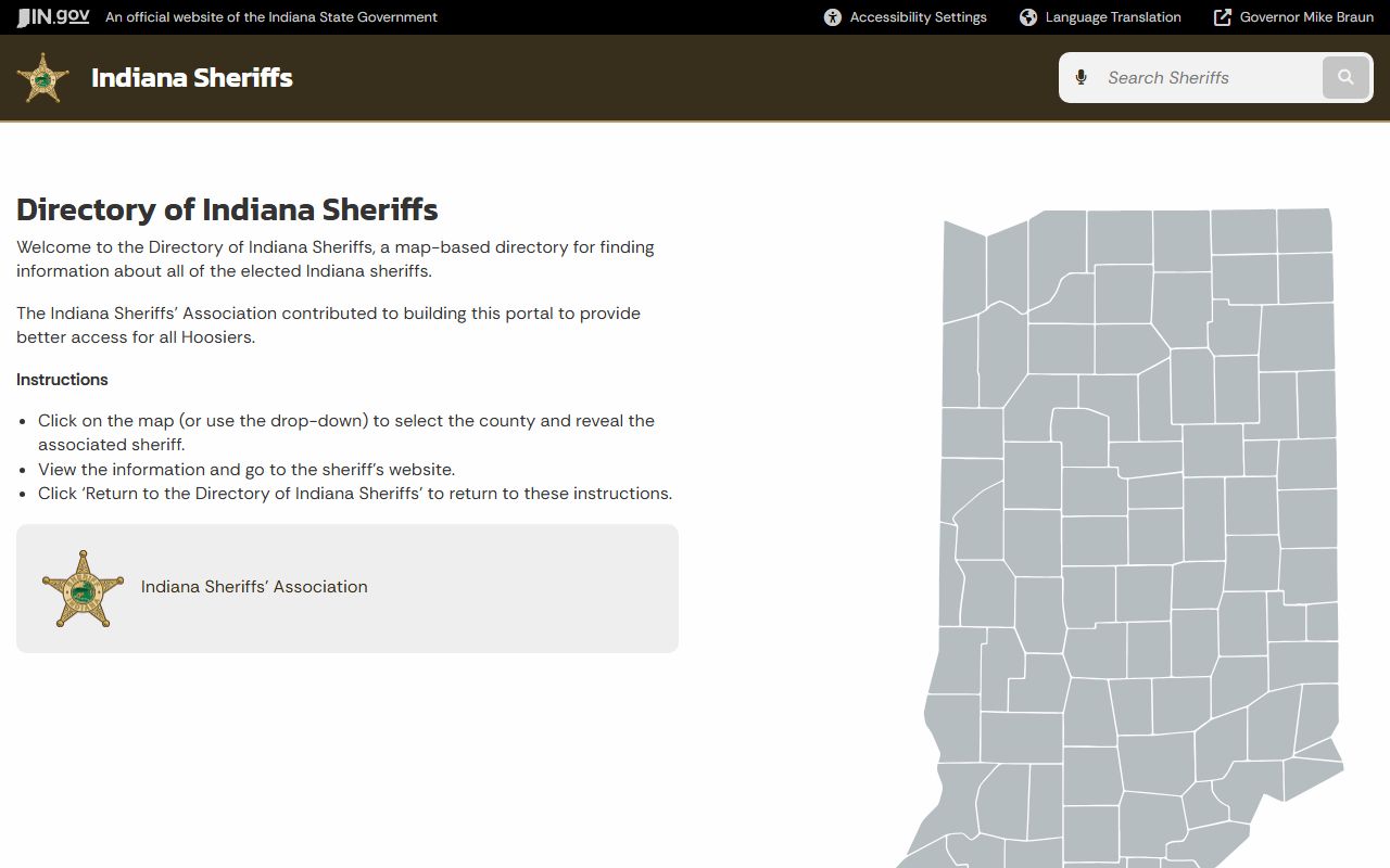 Indiana Sheriff's Association listing all county sheriff offices for 72 hour booking inquiries